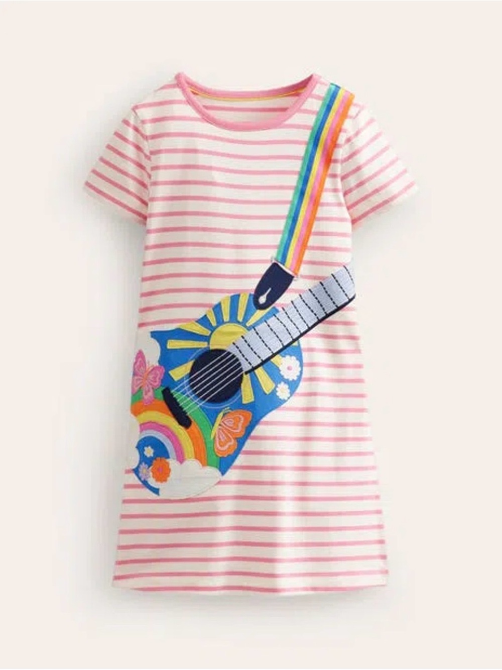 Relisted: Mini Boden Pink Striped Appliquéd Guitar Shortsleeved Dress 2/3T